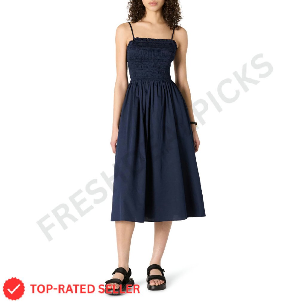 Cotton Sateen Smocked Midi Dress Regular Fit Elegant Chic Casual Wear